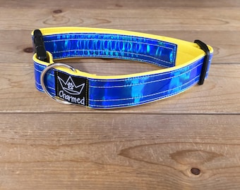 13"-26" Holographic Dog Collar 1.5" Width, Medium, Small, Large, XL, Colorful, Holographic, Waterproof Ottertex Lined, Yellow & Blue