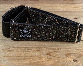 16"-28" Dazzle Dogs Martingale Collar 2" Width, Medium, Large, XL, Very Little Shedding, Glitter Collar, Satin Lined, Sparkle Dog, Black