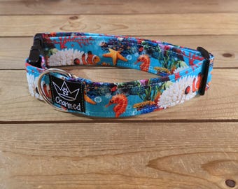 13"-26" Dog Collar 1.5" Width, Pet Collar, Medium, Large, Big Dog Collar, Fish Collar, Colorful, Fun Collar, Coral Reef, Clown Fish