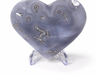 Moss Agate Heart With Blue Lace, 5.20oz, 4" Wide, Stand Included