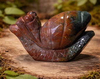 Ocean Jasper Snail Carving, 4 Inch Long, 10.5oz Stone Sculpture