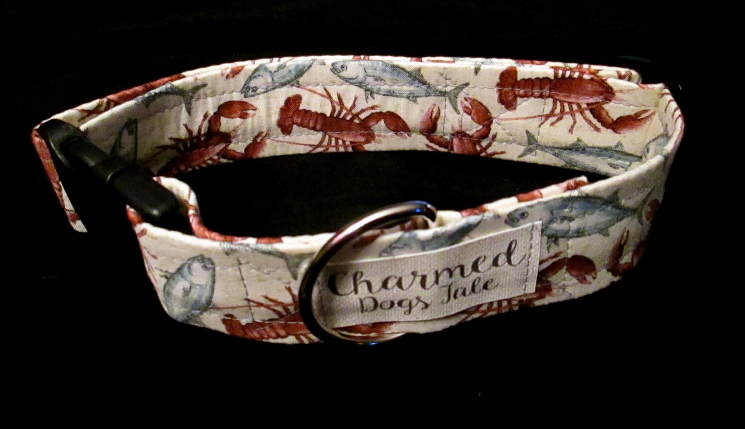 1526 Lobster & Fish Coastal Summer Dog Collar 1.5 Width, Handmade Dog Collar, Coastal Summer