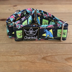 PETITE 12"-19" Martingale Collar 1.5" Width, Pet Collar, Medium, Small, Fun Dog Collar, Neon Dinosaur, Retro Martingale, Dino Dog