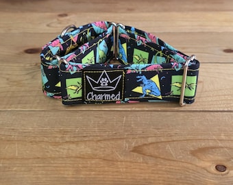 PETITE 12"-19" Martingale Collar 1.5" Width, Pet Collar, Medium, Small, Fun Dog Collar, Neon Dinosaur, Retro Martingale, Dino Dog