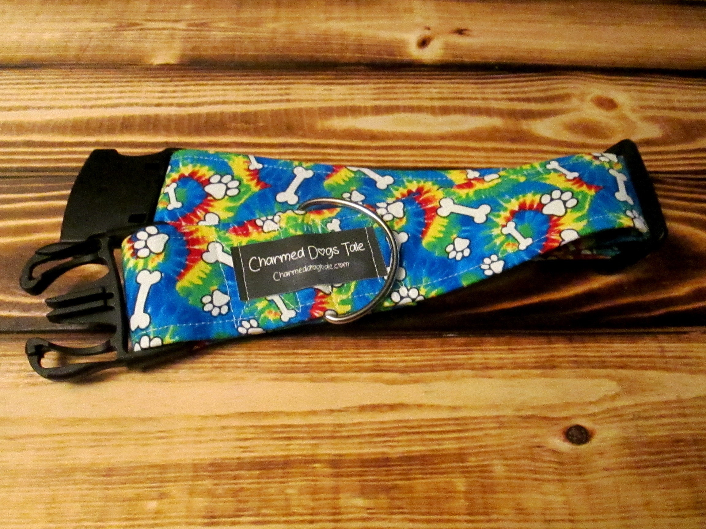 1529 TieDye Paw n' Bone Dog Collar 2 width, Fabric Dog Collar, Summer