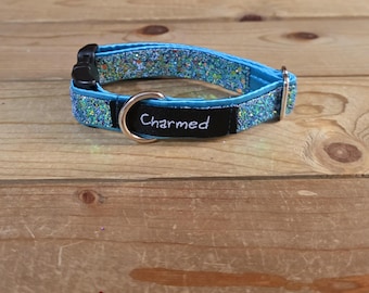 9"-18" Glitter Dog Collar 3/4" Width, Small, XS, Very Little Shedding, Glitter Collar, Satin Lined, Sparkle, Teal, Turquoise