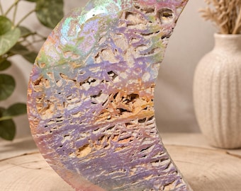 Huge Druzy Sphalerite Aura Coated Moon, 1lb 10oz, 8.25" Tall. Beautiful Carved Moon, Home Decor, Reiki, Healing, Sphalerite, Druzy