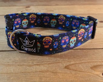 13"-26" Dog Collar 1.5" Width, Pet Collar, Medium, Large, XL, Fun Dog Collar, Sugar Skull Dog Collar, Neon Skull Collar, Side Release Buckle