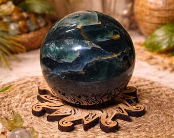 Extremely Dark Green Fluorite Sphere, 2lb 7oz, 87mm, Wooden Sphere Stand Included