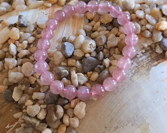 8mm Strawberry Quartz Crystal Bracelet, 7" Elastic, Handmade