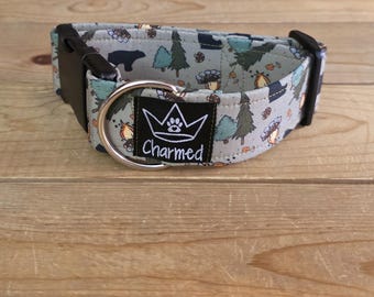 PETITE 11"-18" Dog Collar 1.5" Width, Pet Collar, Small, Bear Dog Collar, Summer Dog Collar, Buckle Dog Collar, Wilderness, Forest Dog