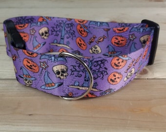 2" or 1.5" Width Halloween Dog Collar or Martingale, Unisex Collar, Designer, Halloween, Witch, Candy, Skulls, Holiday Collar
