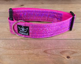 14"-28" Holographic Dog Collar 2" Width, Medium, Small, Large, XL, Colorful, Holographic, Waterproof Ottertex Lined, Pink