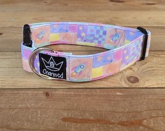 13"-26" Dog Collar 1.5" Width, Pet Collar, Medium, Large, Big Dog Collar, Pastel Space Collar, Rocket Collar
