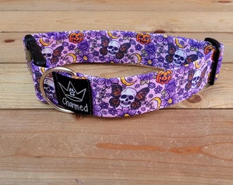 13"-26" Butterfly Skull Dog Collar 1.5" Width, Pet Collar, Medium, Large, XL Dog Collar, Skulls, Cottagecore