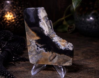 Volcano Agate Slab With Stand, 4.85oz, 3"×2.25"×1/2", UV Reactive