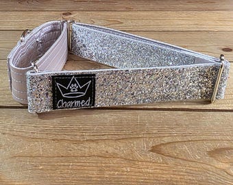 15"-28" Dazzle Dogs Martingale Collar 1.5" Width, Medium, Large, XL, Very Little Shedding, Glitter Collar, Satin Lined, Sparkle Dog, Silver