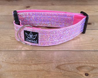 14"-28" Holographic Dog Collar 2" Width, Medium, Large, XL, Colorful, Holographic, Satin Lined, Light Pink
