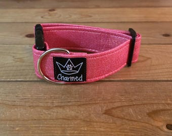 10"-18" PETITE Solid Dog Collar 1.5" Width, Pet Collar, Medium, Small, Glitter Hot Pink