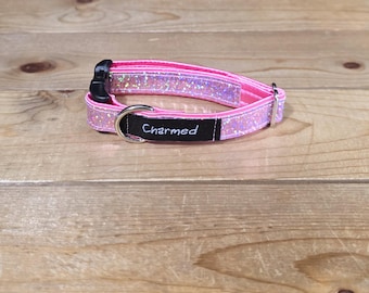 9"-18" Holographic Dog Collar 3/4" Width, Medium, Small, Colorful, Satin Lined, Light Pink
