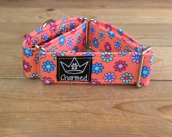 PETITE 12"-19" Martingale Collar 1.5" Width, Pet Collar, Medium, Small, Fun Dog Collar, Neon Flowers, Flower Dogs, Floral Dog