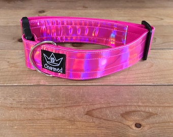 14"-28" Holographic Dog Collar 2" Width, Medium, Small, Large, XL, Colorful, Holographic, Waterproof Ottertex Lined, Pink