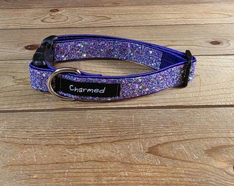 11"-21" Dazzle Dogs Dog Collar 1" Width, Medium, Large, XL, Very Little Shedding, Glitter Collar, Satin Lined, Sparkle Dog, Purple