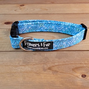 11&quot;-22&quot; Dog Collar 1&quot; Width, Pet Accessory, Fabric Collar, Pet Collar, Medium, Large, Blue Daisy Collar, Flowers & Fur Dog Collar, Smiley
