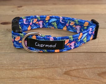 11"-22" Dog Collar 1" Width, Pet Collar, Medium, Large Dog Collar, XL, Bright Dog Collar, Summer, Jellyfish Dog Collar, Ocean, Fish Collar