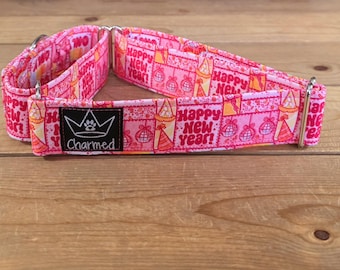 14"-27" New Years Martingale Collar 1.5" Width, Pet Collar, Medium, Large Dog Collar, Holiday Collar, Pink, Party, Celebration
