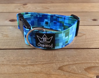 PETITE 11"-18" Dog Collar 1.5" Width, Pet Collar, Small, Digital Dog Collar, Geometric Collar, Buckle Dog Collar, Fun Dog, Squares