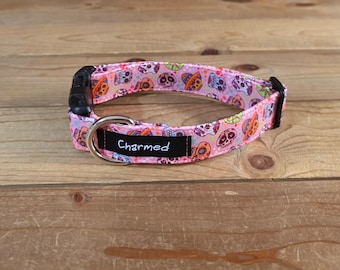 11"-22" Dog Collar 1" Width, Pet Collar, Medium, Small, Large, Big Dog Collar, Pink Skull Collar, Skull Dog Collar, Sugar Skulls