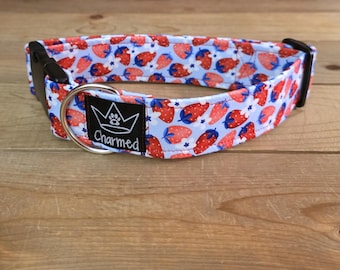 13"-26" Dog Collar 1.5" Width, Pet Collar, Medium, Large, XL Dog Collar, Fruit Dog Collar, Strawberries, Buckle Collar, Berries, Summer