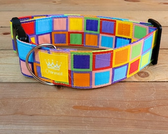 14"-28" Dog Collar 2" Width, Pet Accessory, Pet Collar, Medium, Large, XL, Squares, Colorful Dog Collar, Abstract Dog Collar