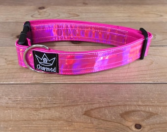 13"-26" Holographic Dog Collar 1.5" Width, Medium, Small, Large, XL, Colorful, Holographic, Waterproof Ottertex Lined, Pink