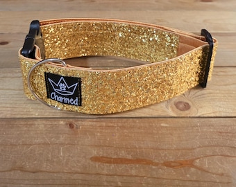 14"-28" Glitter Dog Collar 2" Width, Small, Medium, Large, XL, Very Little Shedding, Glitter Collar, Satin Lined, Sparkle, Gold