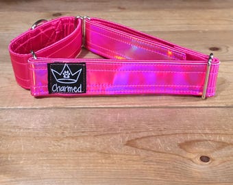 14"-26" Holographic Martingale Collar 1.5" Width, Medium, Large, XL, Colorful, Satin Lined, Pink