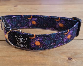 13"-26" Dog Collar Collar 1.5" Width, Pet Collar, Medium, Large, XL Dog Collar, Moth, Cottagecore, Magical, Purple