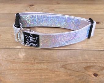 13"-26" Holographic Dog Collar 1.5" Width, Medium, Small, Large, XL, Colorful, Holographic, Satin Lined, Silver