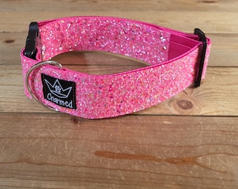 14"-28" Glitter Dog Collar 2" Width, Small, Medium, Large, XL, Very Little Shedding, Glitter Collar, Satin Lined, Sparkle, Hot Pink