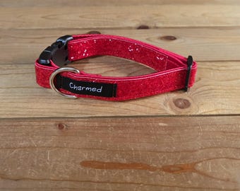 11"-22" Glitter Dog Collar 1" Width, Small, Medium, Large, Very Little Shedding, Glitter Collar, Satin Lined, Sparkle, Cherry Red