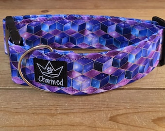 14"-28" Dog Collar 2" Width, Pet Collar, Medium, Small, Large, Big Dog Collar, Geometric Collar, Purple, Galaxy