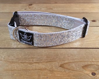 13"-26" Dazzle Dogs Dog Collar 1.5" Width, Large, Medium, XL, Very Little Shedding, Glitter Collar, Satin Lined, Sparkle, Silver