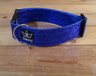 14"-28" Glitter Dog Collar 2" Width, Small, Medium, Large, XL, Very Little Shedding, Glitter Collar, Satin Lined, Sparkle, Royal Blue