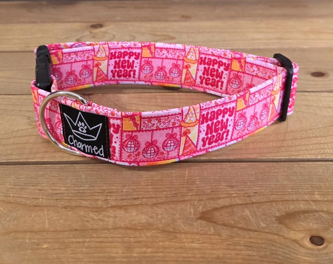 Featured listing image: 13"-26" New Years Dog Collar 1.5" Width, Pet Collar, Medium, Large Dog Collar, Holiday Collar, Pink, Party, Celebration