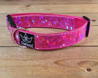 13"-26" Holographic Dog Collar 1.5" Width, Medium, Large, XL, Colorful, Satin Lined, Vinyl
