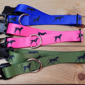 May include: Three dog collars in different colors: blue, pink, and green. Each collar has a black silhouette of a dog printed on it. The collars have black plastic buckles and silver metal D-rings.