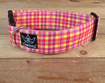 14"-28" Dog Collar 2" Width, Pet Collar, Medium, Small, Large, Big Dog Collar, Summer Plaid, Summer Collar, Neon Collar
