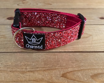 10"-18" PETITE Dazzle Dogs Dog Collar 1.5" Width, Small, Medium, Very Little Shedding, Glitter Collar, Satin Lined, Sparkle, Red