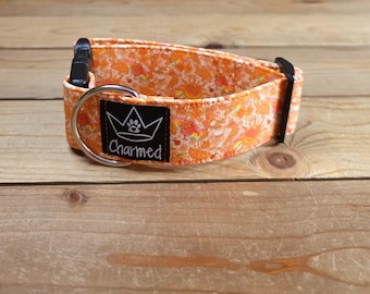 PETITE 10"-18" Dog Collar 1.5" Width, Pet Collar, Medium, Small, Horse Dog Collar, Girly Dog Collar, Summer, Orange, Floral